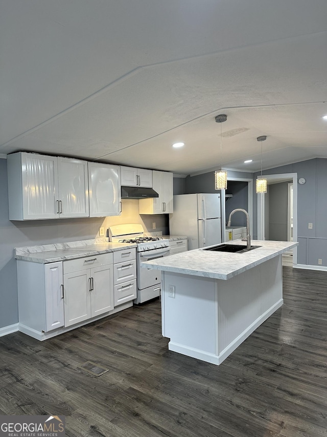 19 Poole Cir, Ellenwood, GA 30294 - kitchen with white appliances, under cabinet range hood, a sink, dark wood-style floors, and recessed lighting
