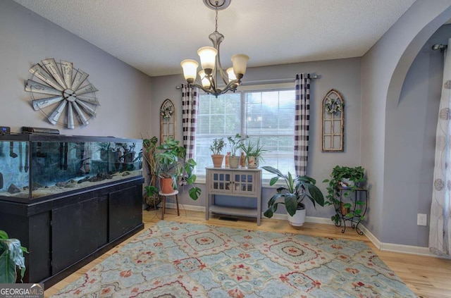 62 Lazy Water Dr SW, Cartersville, GA 30120 - living area with arched walkways, a chandelier, wood finished floors, and a textured ceiling