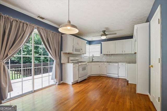 7825 Running Fox Trl, Gainesville, GA 30506 - kitchen featuring white appliances, a textured ceiling, dark wood-type flooring, ceiling fan, and white cabinetry