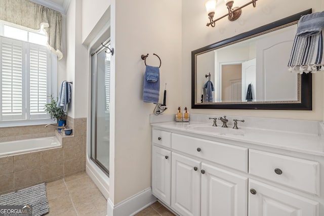 311 Vinings Walk, Gainesville, GA 30501 - bathroom with tile patterned floors, a bath, vanity, and an enclosed shower