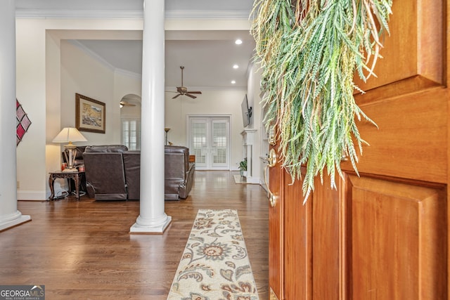311 Vinings Walk, Gainesville, GA 30501 - entrance foyer with decorative columns, a ceiling fan, crown molding, wood finished floors, and recessed lighting