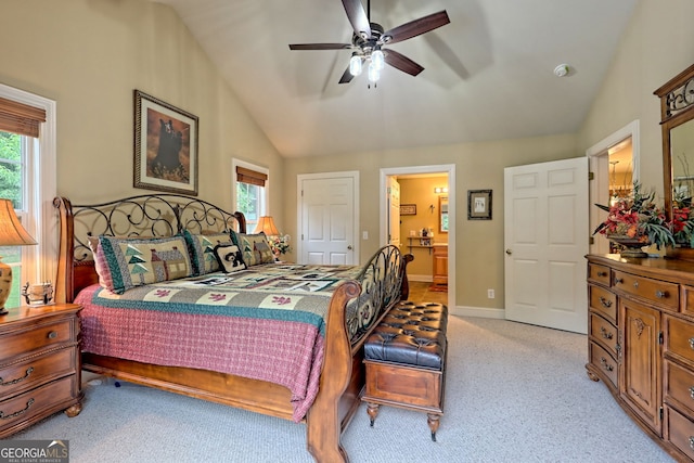 4505 Mccullum Trl, Hiawassee, GA 30546 - bedroom with vaulted ceiling, light carpet, ensuite bathroom, baseboards, and a ceiling fan
