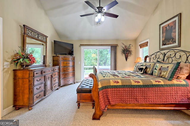 4505 Mccullum Trl, Hiawassee, GA 30546 - carpeted bedroom with vaulted ceiling, access to outside, ceiling fan, and baseboards