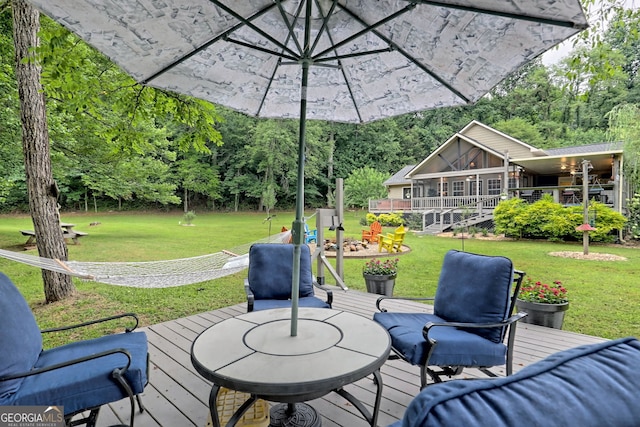 4505 Mccullum Trl, Hiawassee, GA 30546 - wooden deck with a yard and outdoor dining area