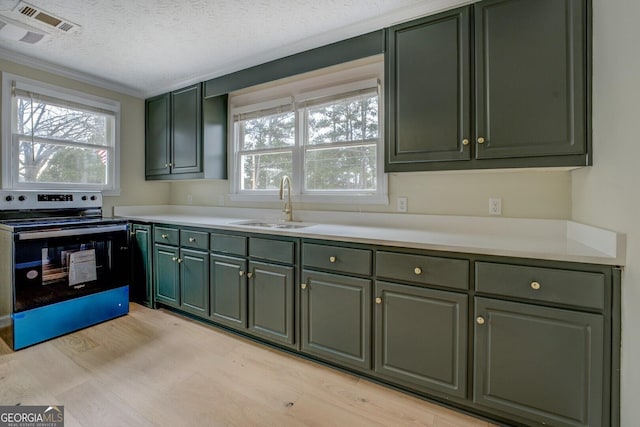 4131 Carroll St SW, Covington, GA 30014 - kitchen featuring range with electric cooktop, green cabinets, light wood-style flooring, light countertops, and plenty of natural light