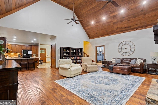 265 Shane Dr, Canton, GA 30115 - living area featuring high vaulted ceiling, a ceiling fan, wooden ceiling, wood finished floors, and recessed lighting