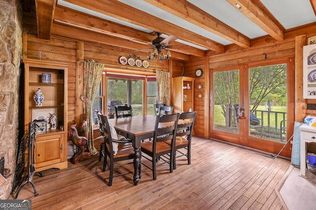 223 Arthur Rd, Zebulon, GA 30295 - dining space featuring french doors, beamed ceiling, wood-type flooring, and a ceiling fan