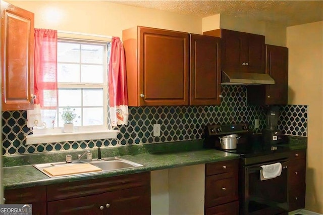 13 Hilltop St, Gainesville, GA 30501 - kitchen with black electric range, extractor fan, a sink, dark countertops, and backsplash
