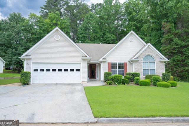 2407 Cove Lake Way, Lithonia, GA 30058 - ranch-style house with concrete driveway, a front yard, and a garage