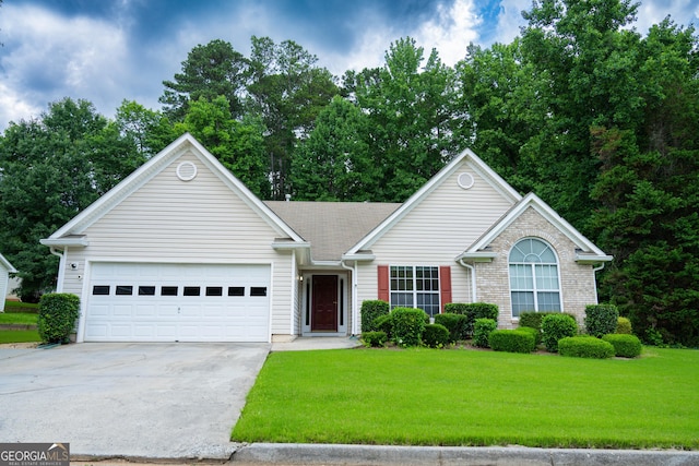 2407 Cove Lake Way, Lithonia, GA 30058 - ranch-style house with concrete driveway, an attached garage, and a front lawn