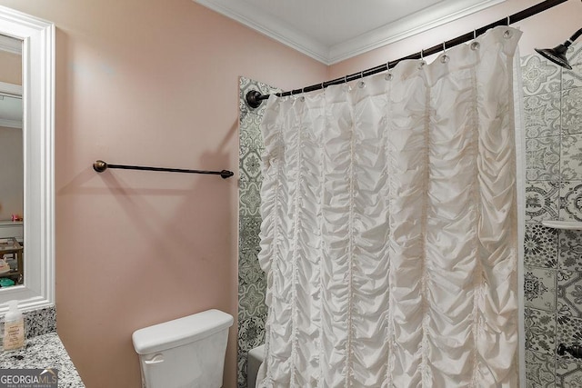 1015 Turtle Pond Dr, Watkinsville, GA 30677 - bathroom with ornamental molding, toilet, and shower / tub combo with curtain