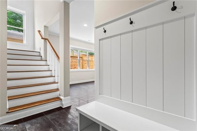 2493 Oostanaula Dr, Brookhaven, GA 30319 - mudroom featuring baseboards, dark tile patterned flooring, and recessed lighting
