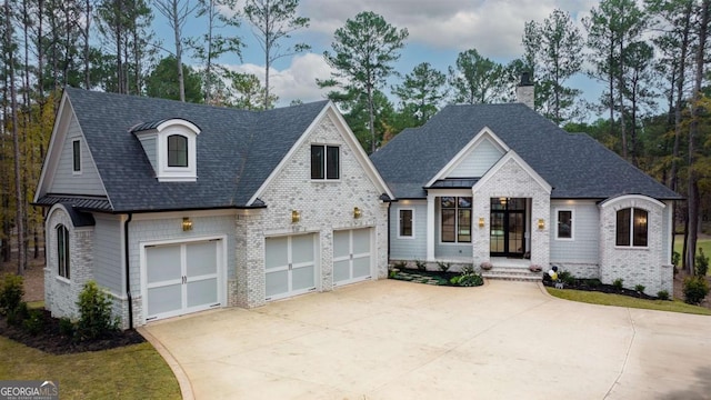 5050 Browns Ford Rd, Greensboro, GA 30642 - french country home featuring concrete driveway, a chimney, brick siding, and a shingled roof