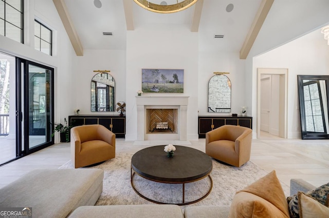5050 Browns Ford Rd, Greensboro, GA 30642 - living area with beam ceiling, high vaulted ceiling, plenty of natural light, a fireplace, and baseboards