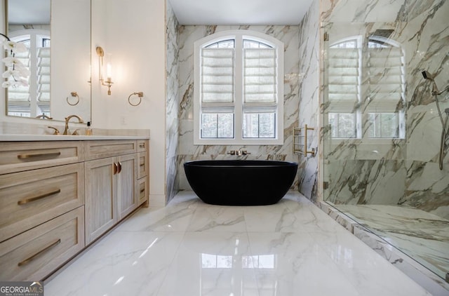 5050 Browns Ford Rd, Greensboro, GA 30642 - full bath with a soaking tub, vanity, a marble finish shower, and marble tiled floors