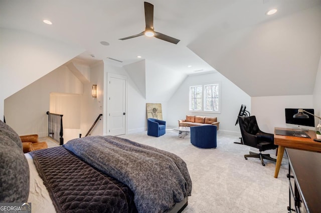 5050 Browns Ford Rd, Greensboro, GA 30642 - bedroom featuring light colored carpet, baseboards, lofted ceiling, ceiling fan, and recessed lighting
