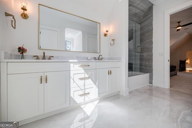 5050 Browns Ford Rd, Greensboro, GA 30642 - ensuite bathroom with double vanity, marble tiled flooring, and a ceiling fan