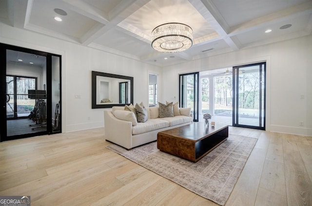 5050 Browns Ford Rd, Greensboro, GA 30642 - living room featuring coffered ceiling, light wood finished floors, baseboards, plenty of natural light, and beam ceiling