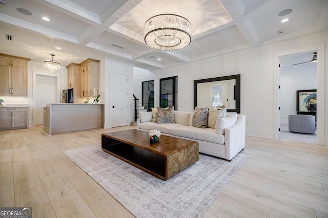 5050 Browns Ford Rd, Greensboro, GA 30642 - living area featuring a chandelier, coffered ceiling, beam ceiling, light wood-style floors, and recessed lighting