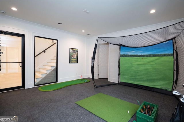 5050 Browns Ford Rd, Greensboro, GA 30642 - game room featuring golf simulator, recessed lighting, crown molding, carpet flooring, and baseboards
