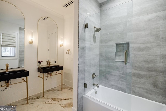 5050 Browns Ford Rd, Greensboro, GA 30642 - bathroom featuring a sink, marble finish flooring, combined bath / shower with glass door, and baseboards