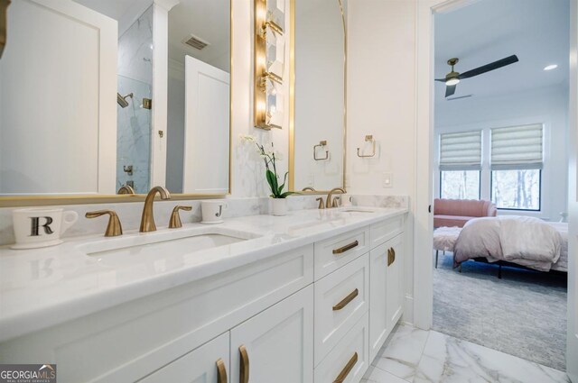 5050 Browns Ford Rd, Greensboro, GA 30642 - ensuite bathroom featuring double vanity, marble finish flooring, a marble finish shower, and a ceiling fan