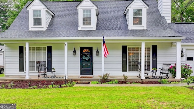 3694 Jay Bird Aly, Peachtree Corners, GA 30092 - cape cod house featuring covered porch, a shingled roof, a front yard, and a chimney