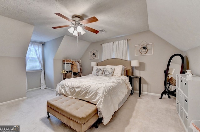 3694 Jay Bird Aly, Peachtree Corners, GA 30092 - bedroom featuring vaulted ceiling, light carpet, baseboards, a textured ceiling, and ceiling fan