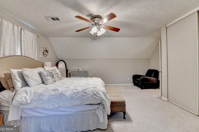 3694 Jay Bird Aly, Peachtree Corners, GA 30092 - bedroom featuring lofted ceiling, carpet, baseboards, ceiling fan, and a textured ceiling