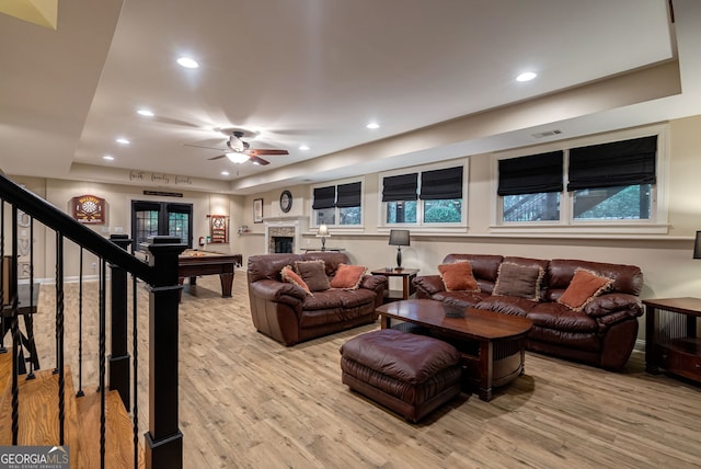 1984 Mendenhall Cir, Atlanta, GA 30341 - living area with light wood finished floors, ceiling fan, recessed lighting, stairs, and a raised ceiling