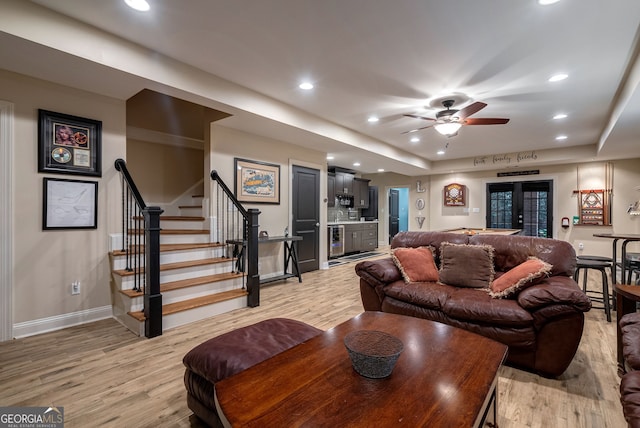 1984 Mendenhall Cir, Atlanta, GA 30341 - living area featuring light wood-style floors, recessed lighting, stairway, ceiling fan, and wine cooler