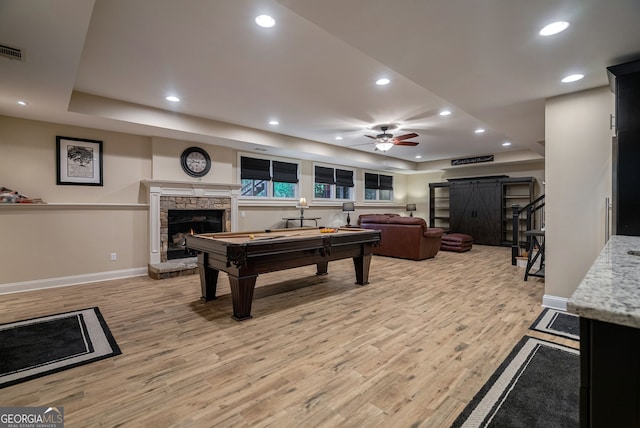 1984 Mendenhall Cir, Atlanta, GA 30341 - rec room with a tray ceiling, a fireplace, light wood finished floors, billiards, and a ceiling fan