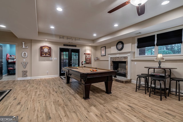 1984 Mendenhall Cir, Atlanta, GA 30341 - recreation room with light wood finished floors, pool table, recessed lighting, ceiling fan, and a stone fireplace