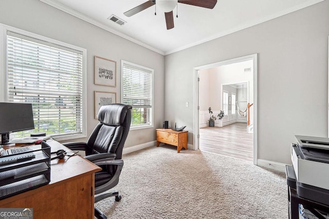 5752 Pleasant Woods Dr, Flowery Branch, GA 30542 - office area with a ceiling fan, baseboards, crown molding, healthy amount of natural light, and carpet