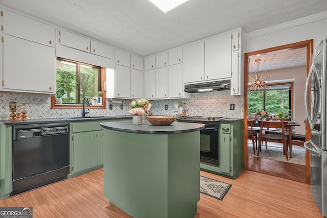 2666 Peachtree Walk, Duluth, GA 30096 - kitchen featuring black appliances, green cabinetry, under cabinet range hood, white cabinetry, and light wood finished floors