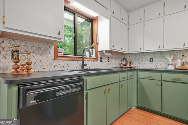 2666 Peachtree Walk, Duluth, GA 30096 - kitchen featuring black dishwasher, backsplash, white cabinetry, and dark countertops