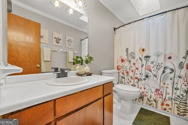 2666 Peachtree Walk, Duluth, GA 30096 - full bathroom featuring vanity, ornamental molding, a shower with shower curtain, and tile patterned flooring