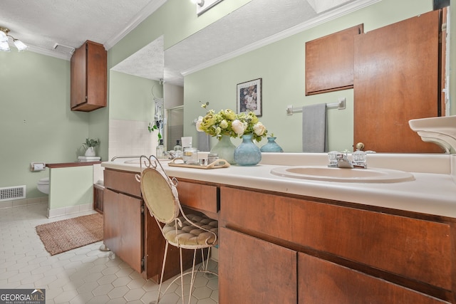 2666 Peachtree Walk, Duluth, GA 30096 - full bathroom with double vanity, crown molding, a textured ceiling, tile patterned flooring, and a shower