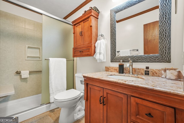 2666 Peachtree Walk, Duluth, GA 30096 - bathroom with ornamental molding, vanity, a shower stall, and tile patterned floors
