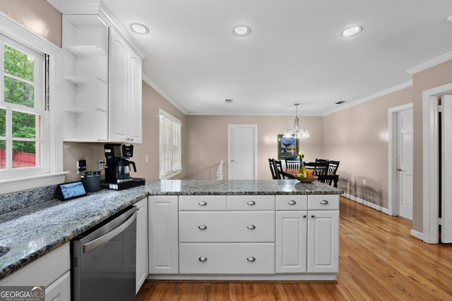 207 Saddle Mountain Rd SE, Rome, GA 30161 - kitchen with stainless steel dishwasher, a peninsula, open shelves, light wood-style flooring, and plenty of natural light