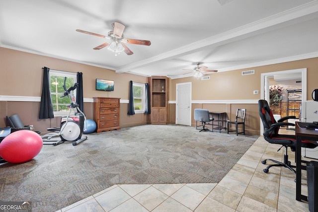 207 Saddle Mountain Rd SE, Rome, GA 30161 - office area with a ceiling fan, ornamental molding, a wainscoted wall, carpet, and beam ceiling