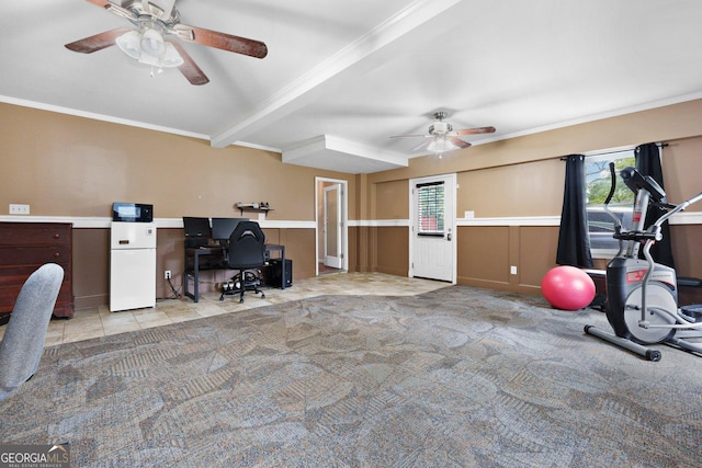207 Saddle Mountain Rd SE, Rome, GA 30161 - office space with ceiling fan, crown molding, healthy amount of natural light, tile patterned floors, and beamed ceiling