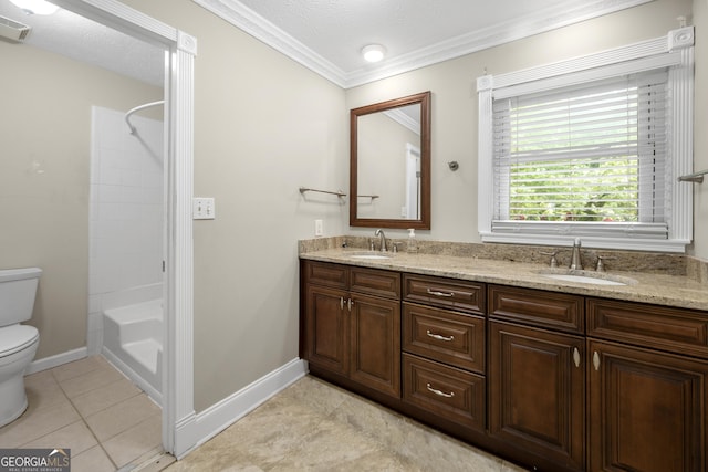 5065 Nesbit Ferry Ln, Atlanta, GA 30350 - full bathroom with double vanity, ornamental molding, shower / bath combination, and tile patterned flooring