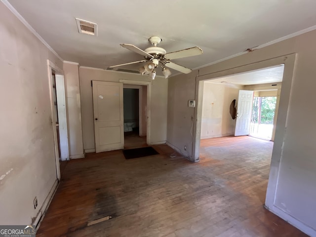 1263 Highland Ave, Macon, GA 31211 - unfurnished room with ornamental molding, wood finished floors, baseboards, and a ceiling fan