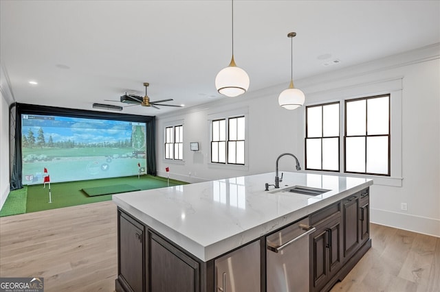 4927 Slaton Dr, Acworth, GA 30101 - kitchen featuring golf simulator, light wood-type flooring, stainless steel dishwasher, dark brown cabinets, and pendant lighting