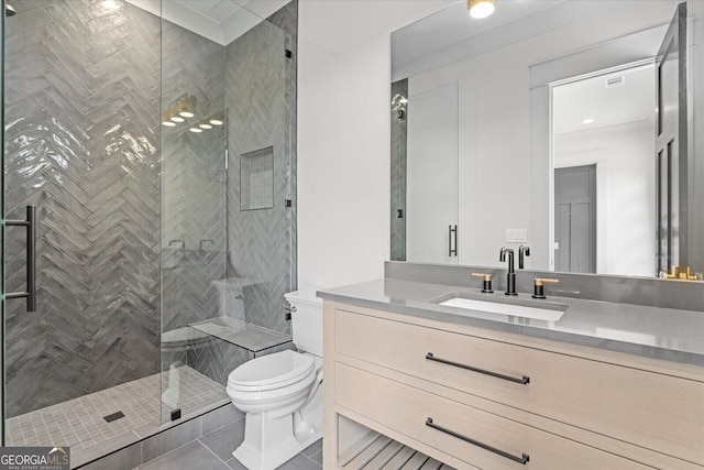 4927 Slaton Dr, Acworth, GA 30101 - bathroom with vanity, a stall shower, and tile patterned flooring