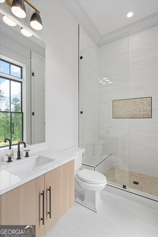 4927 Slaton Dr, Acworth, GA 30101 - bathroom featuring vanity, tiled shower, recessed lighting, and tile patterned flooring