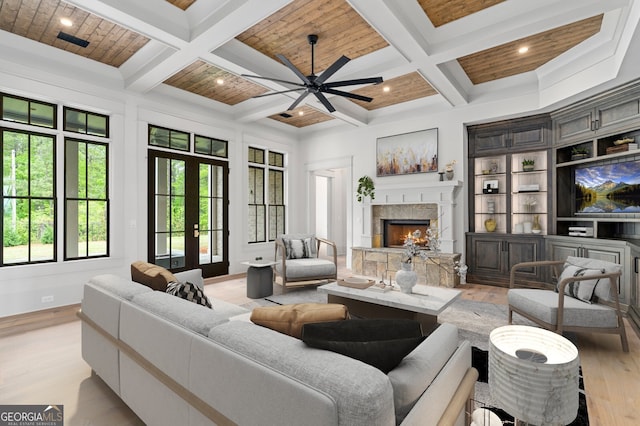 4927 Slaton Dr, Acworth, GA 30101 - living room with coffered ceiling, light wood-type flooring, a lit fireplace, a ceiling fan, and beam ceiling
