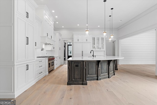 4927 Slaton Dr, Acworth, GA 30101 - kitchen with high end stainless steel range, light countertops, white cabinetry, a large island with sink, and light wood finished floors