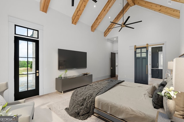 4927 Slaton Dr, Acworth, GA 30101 - bedroom with high vaulted ceiling, a barn door, access to outside, beam ceiling, and recessed lighting